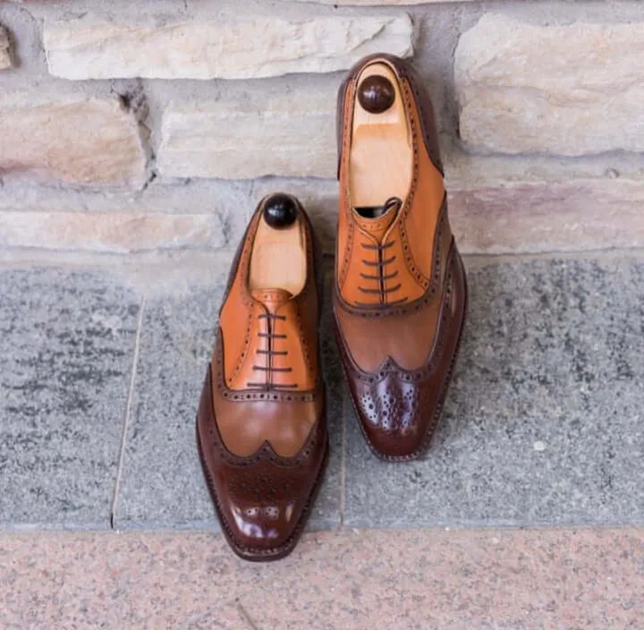 New Handmade Men's Multi Tone Brown Leather Shoes, Lace Up Wing Tip Brogue Formal Shoes