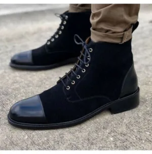 New Handmade Pure Black Suede & Black Leather Ankle Boots for Men’s