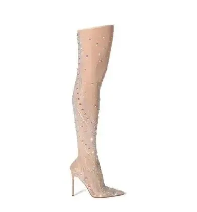 Nude Mesh Bling Crystal Rhinestone Pointed Toe Thin High Heel Slim Over The Knee Thigh Long Socks Boots