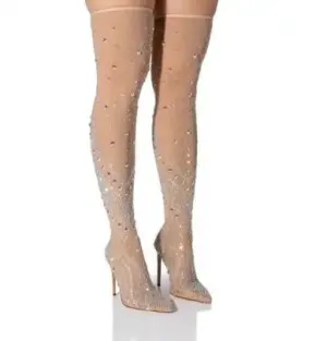 Nude Mesh Bling Crystal Rhinestone Pointed Toe Thin High Heel Slim Over The Knee Thigh Long Socks Boots