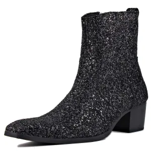 OSSTONE Dress Boot for Men Leather Glitter Chukka Designer Boots Casual Heel Shoes Zipper-up