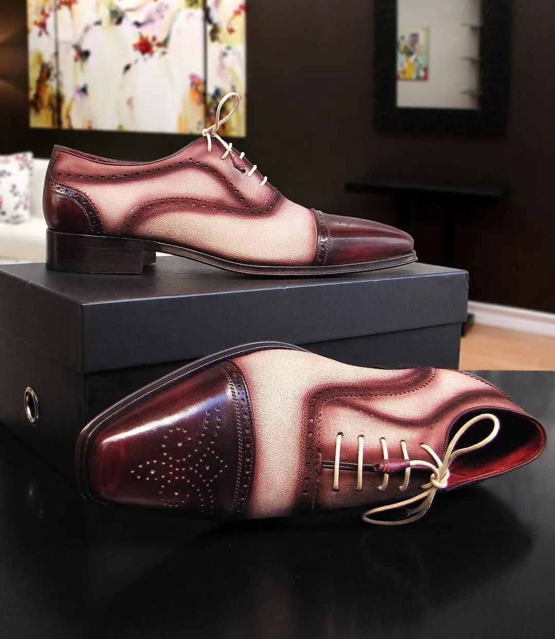 Paul Parkman Captoe Oxfords - Bordeaux / Beige