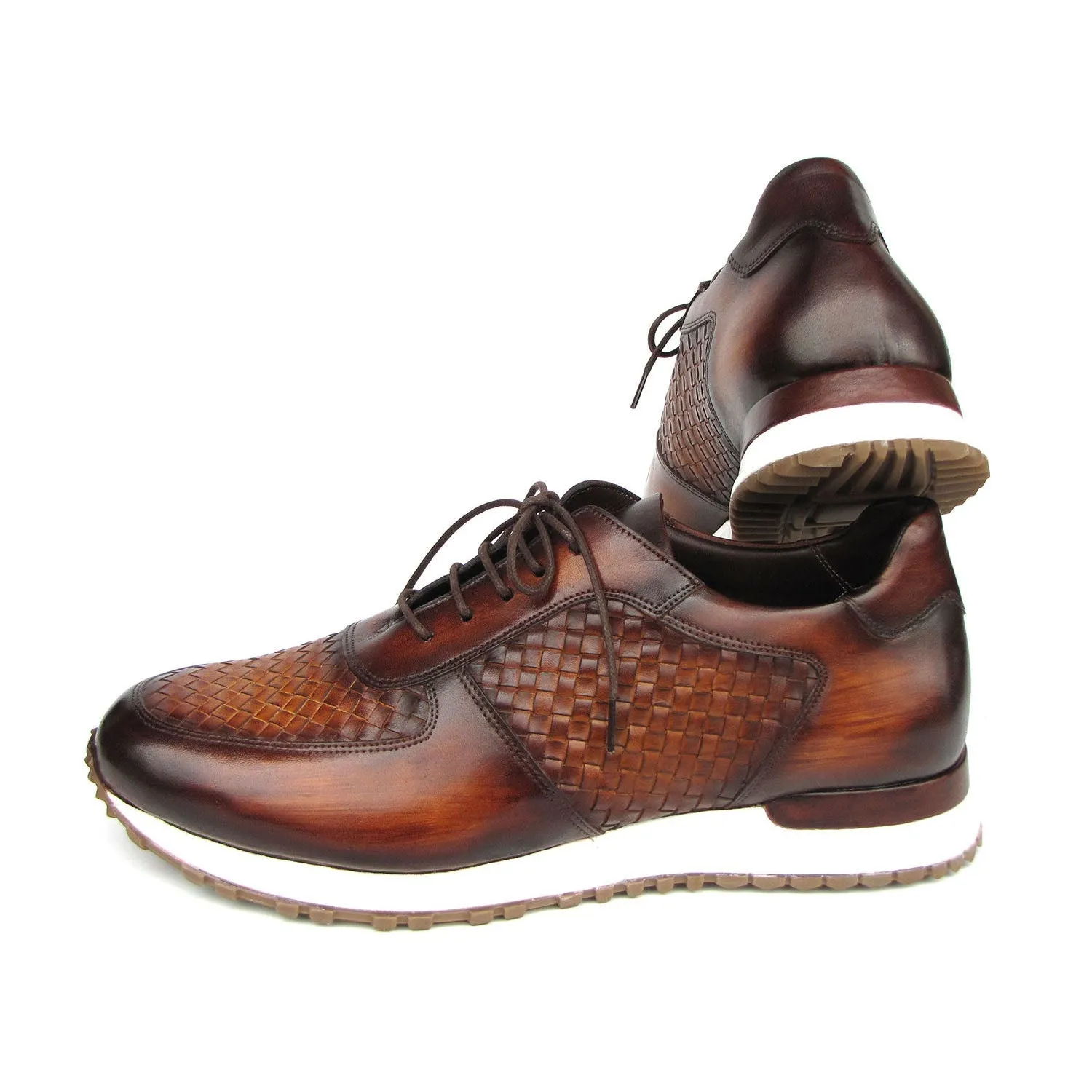 Paul Parkman LW205BRW Men's Shoes Brown Hand-Painted Woven Leather Sneakers (PM6408)