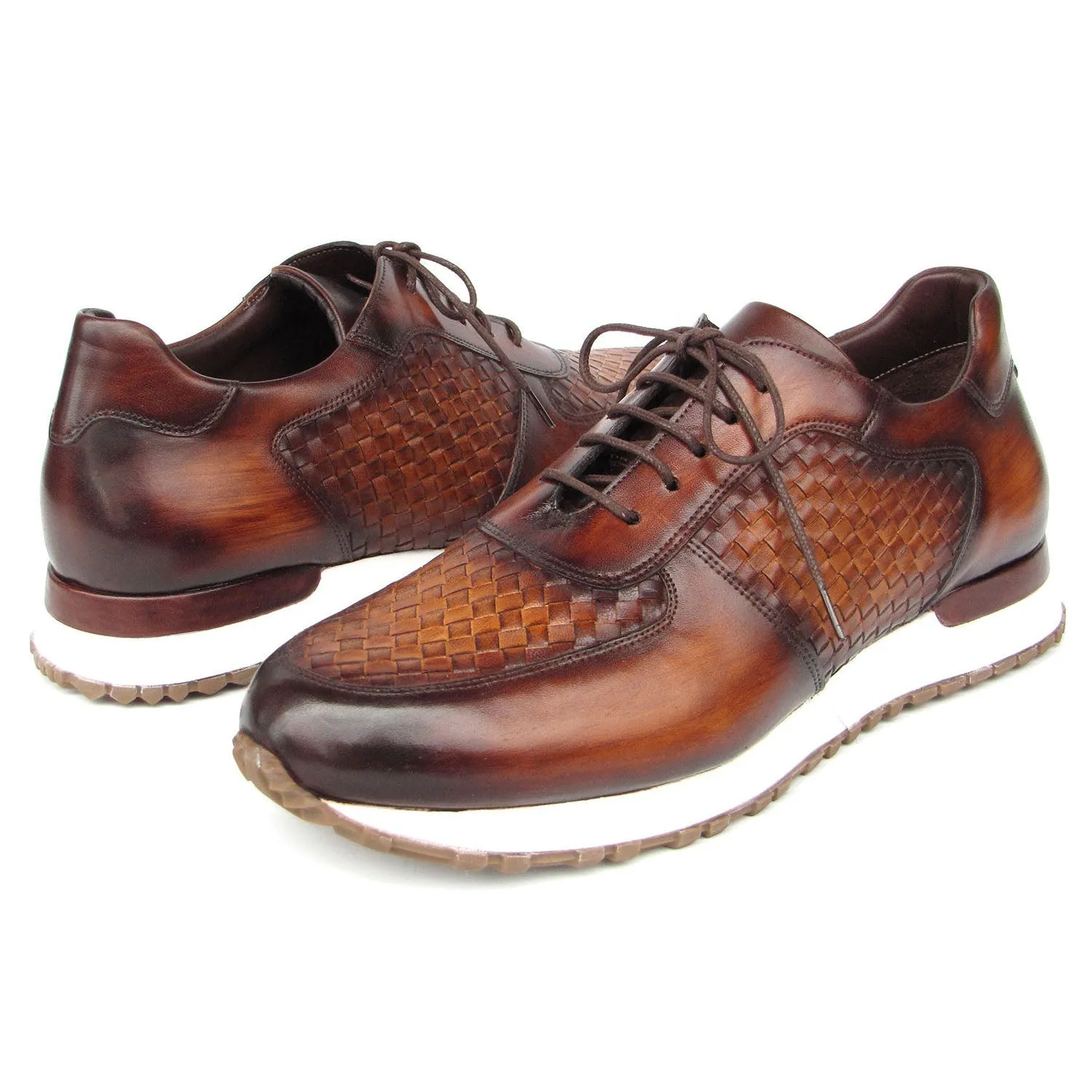 Paul Parkman LW205BRW Men's Shoes Brown Hand-Painted Woven Leather Sneakers (PM6408)