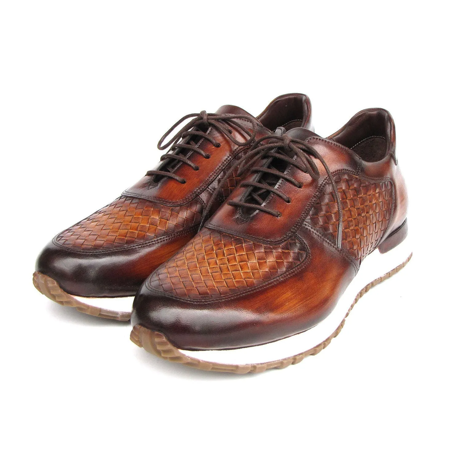 Paul Parkman LW205BRW Men's Shoes Brown Hand-Painted Woven Leather Sneakers (PM6408)