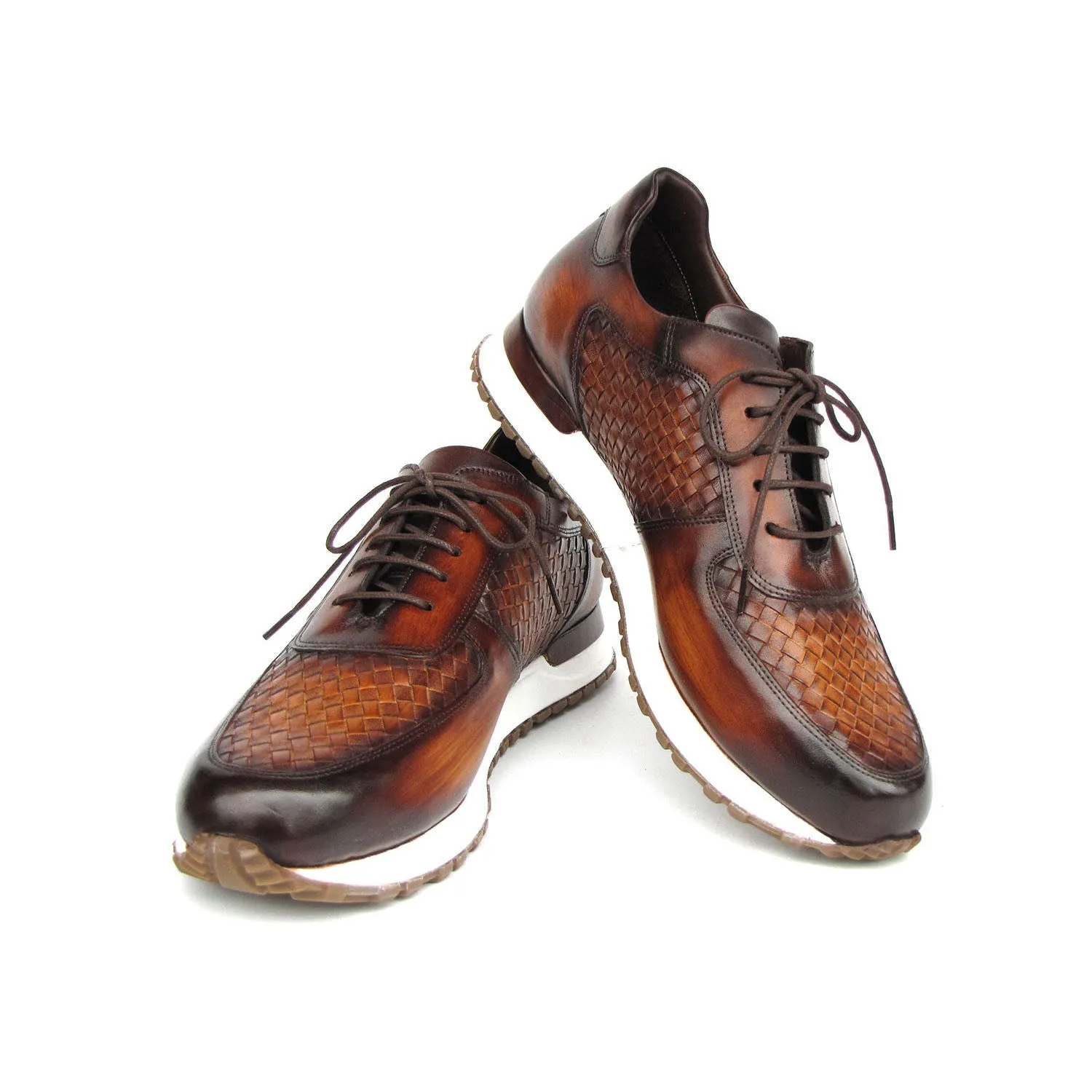 Paul Parkman LW205BRW Men's Shoes Brown Hand-Painted Woven Leather Sneakers (PM6408)