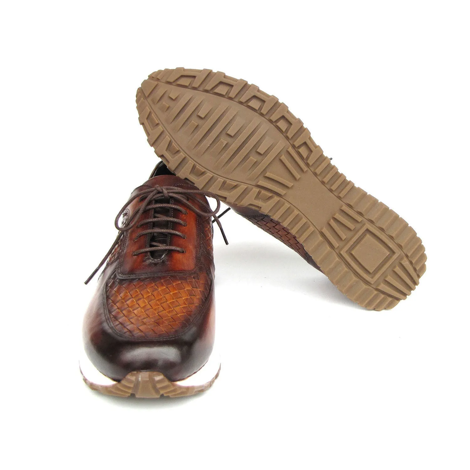 Paul Parkman LW205BRW Men's Shoes Brown Hand-Painted Woven Leather Sneakers (PM6408)