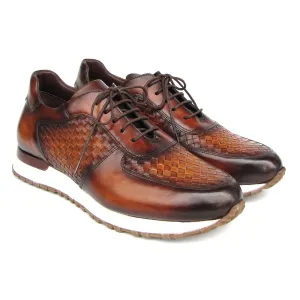 Paul Parkman LW205BRW Men's Shoes Brown Hand-Painted Woven Leather Sneakers (PM6408)