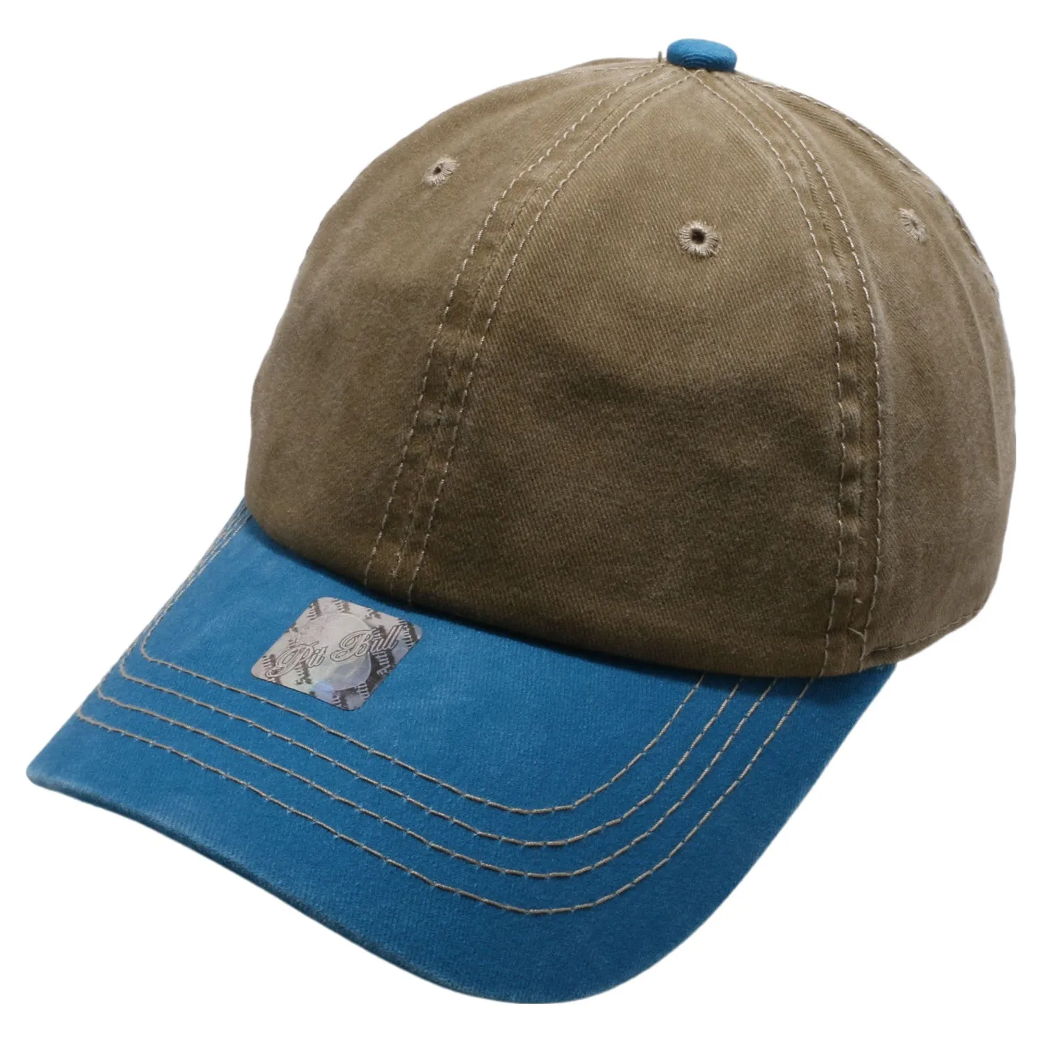 PB188k Pit Bull Pigment Washed Cotton Khaki 2 Tone Buckle Strap Hat  [Khaki/Aqua]