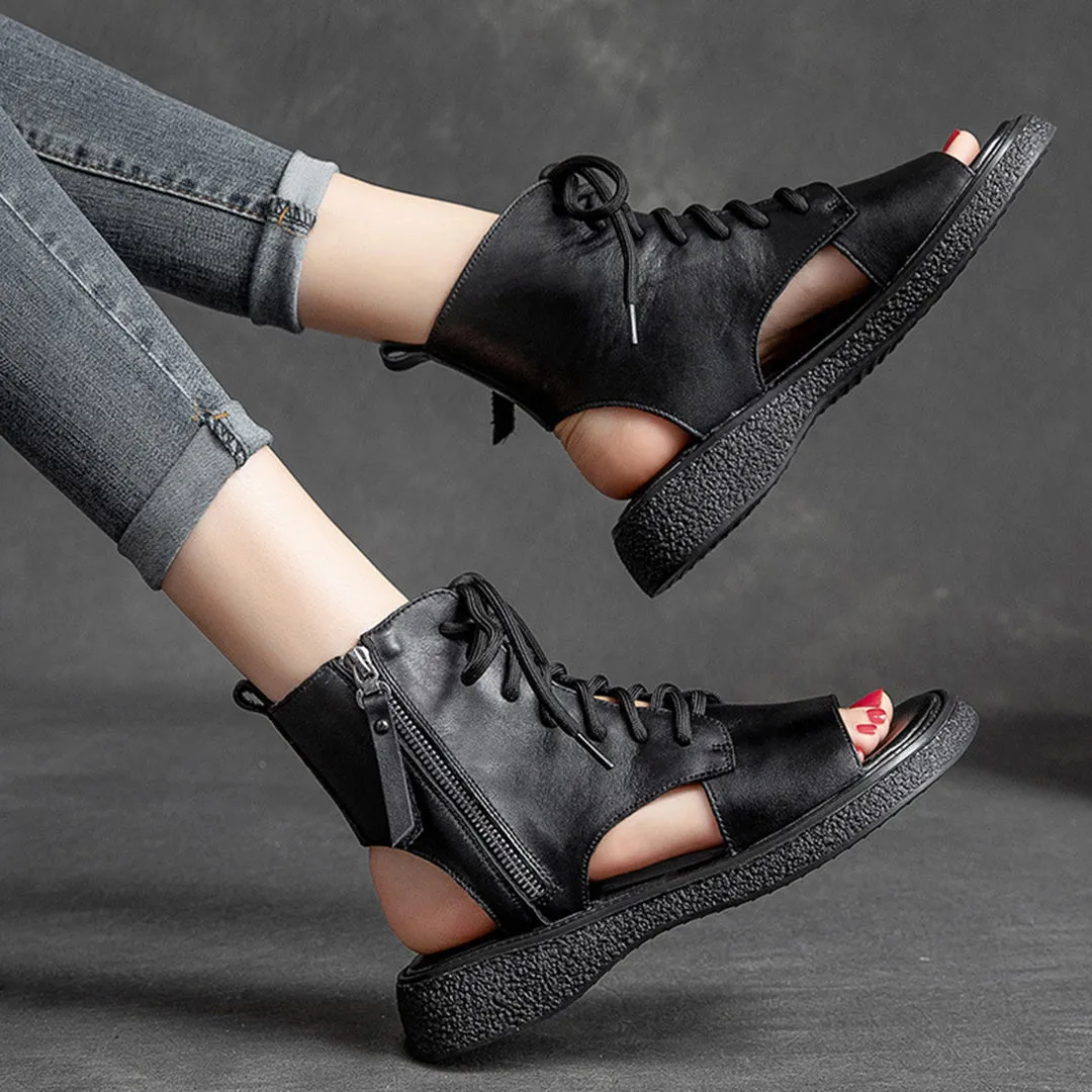 Peep Toe Lace Up Leather Shoes