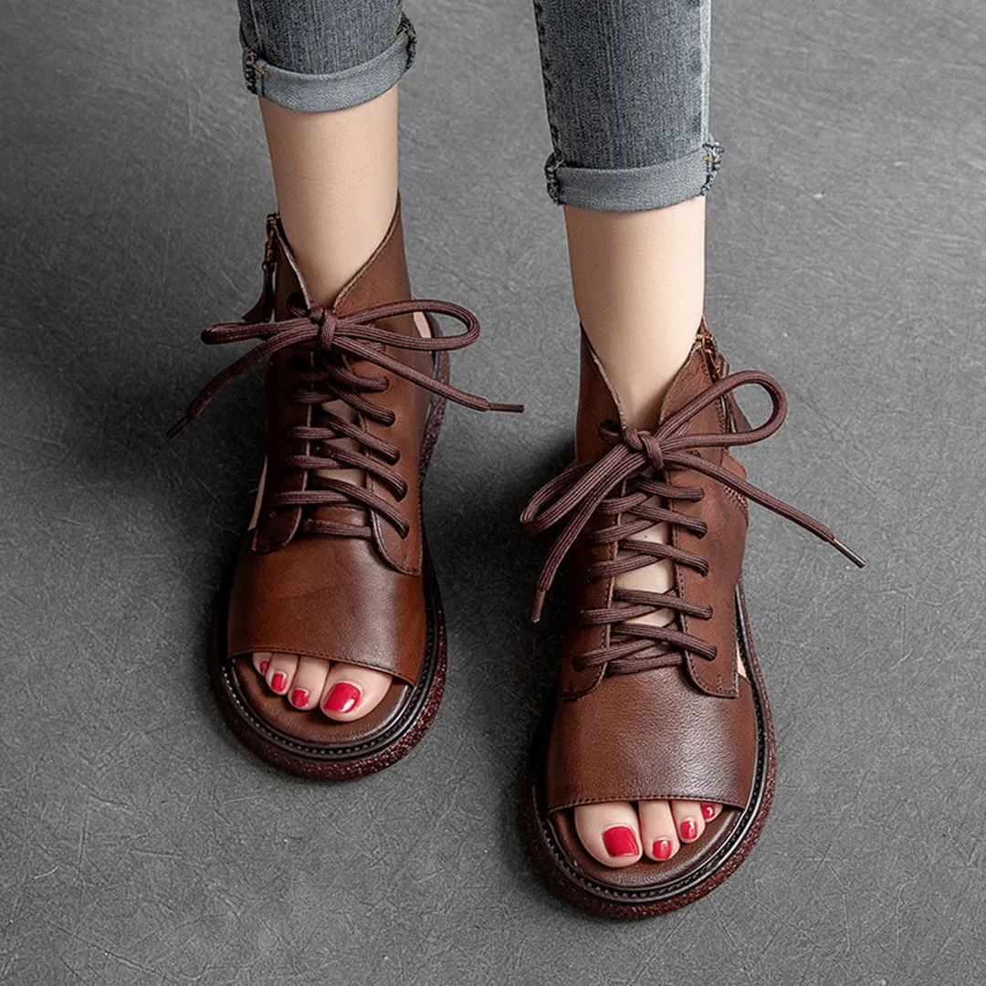 Peep Toe Lace Up Leather Shoes
