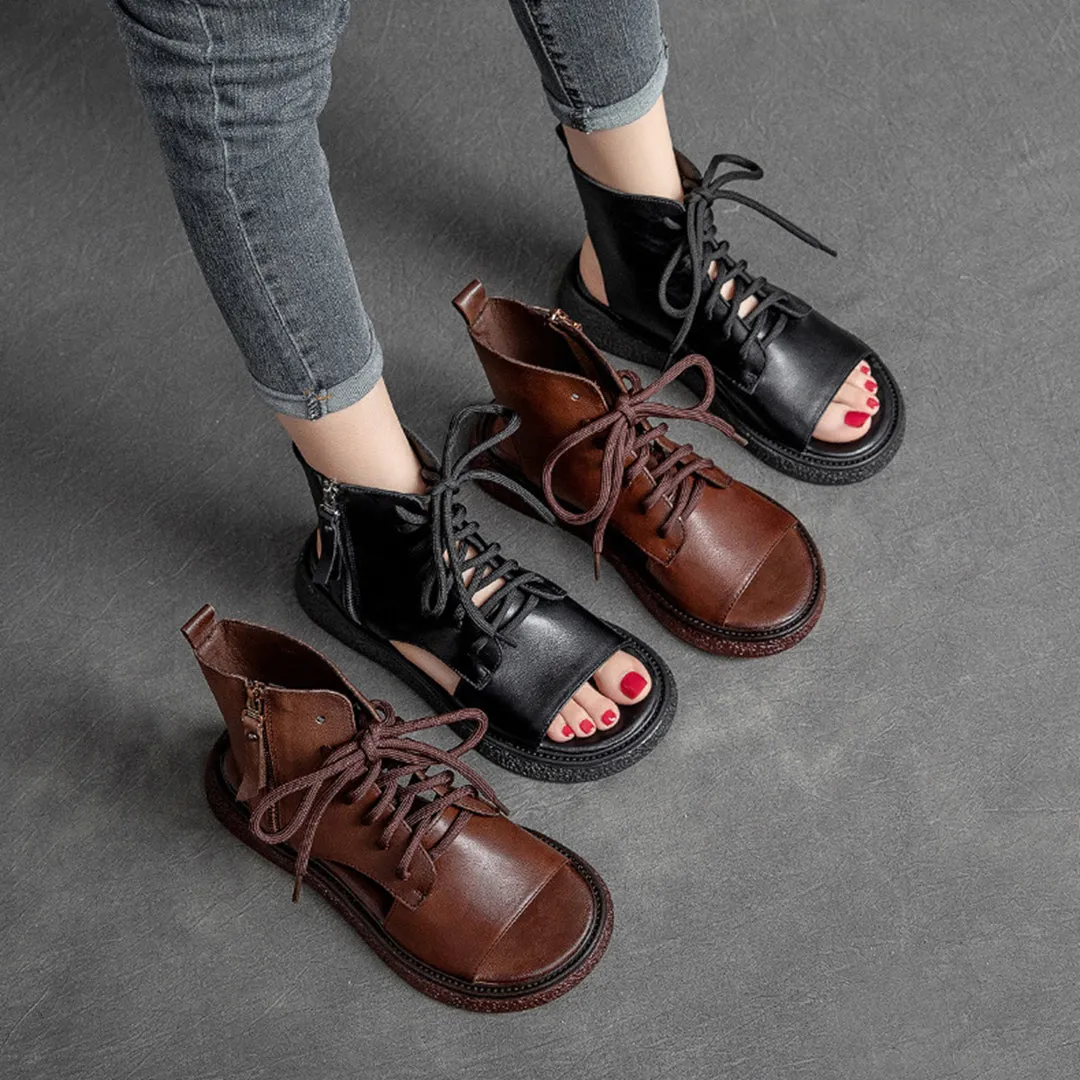 Peep Toe Lace Up Leather Shoes
