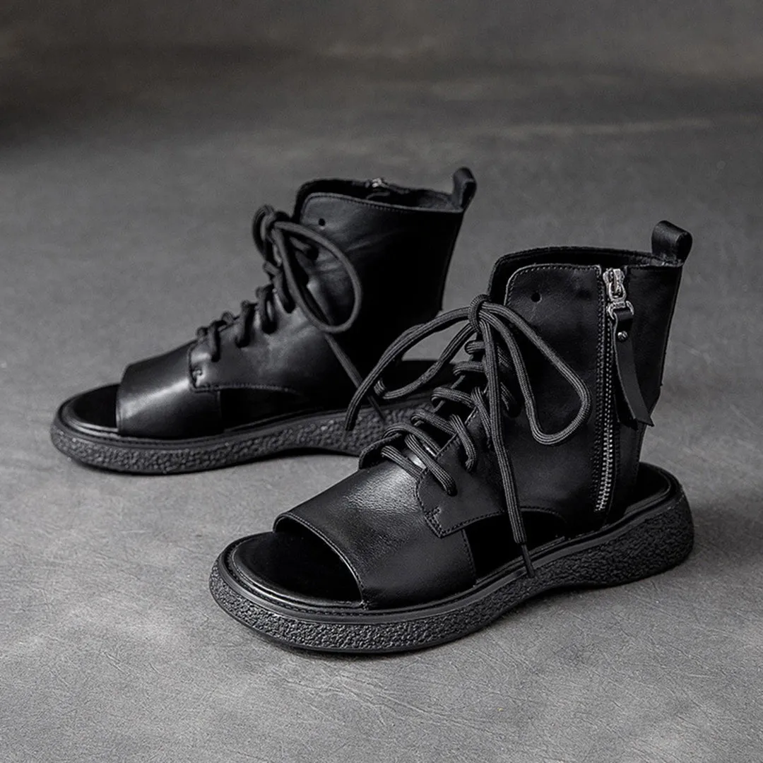 Peep Toe Lace Up Leather Shoes
