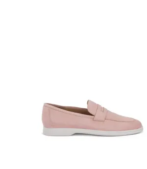 Pink suede penny loafers