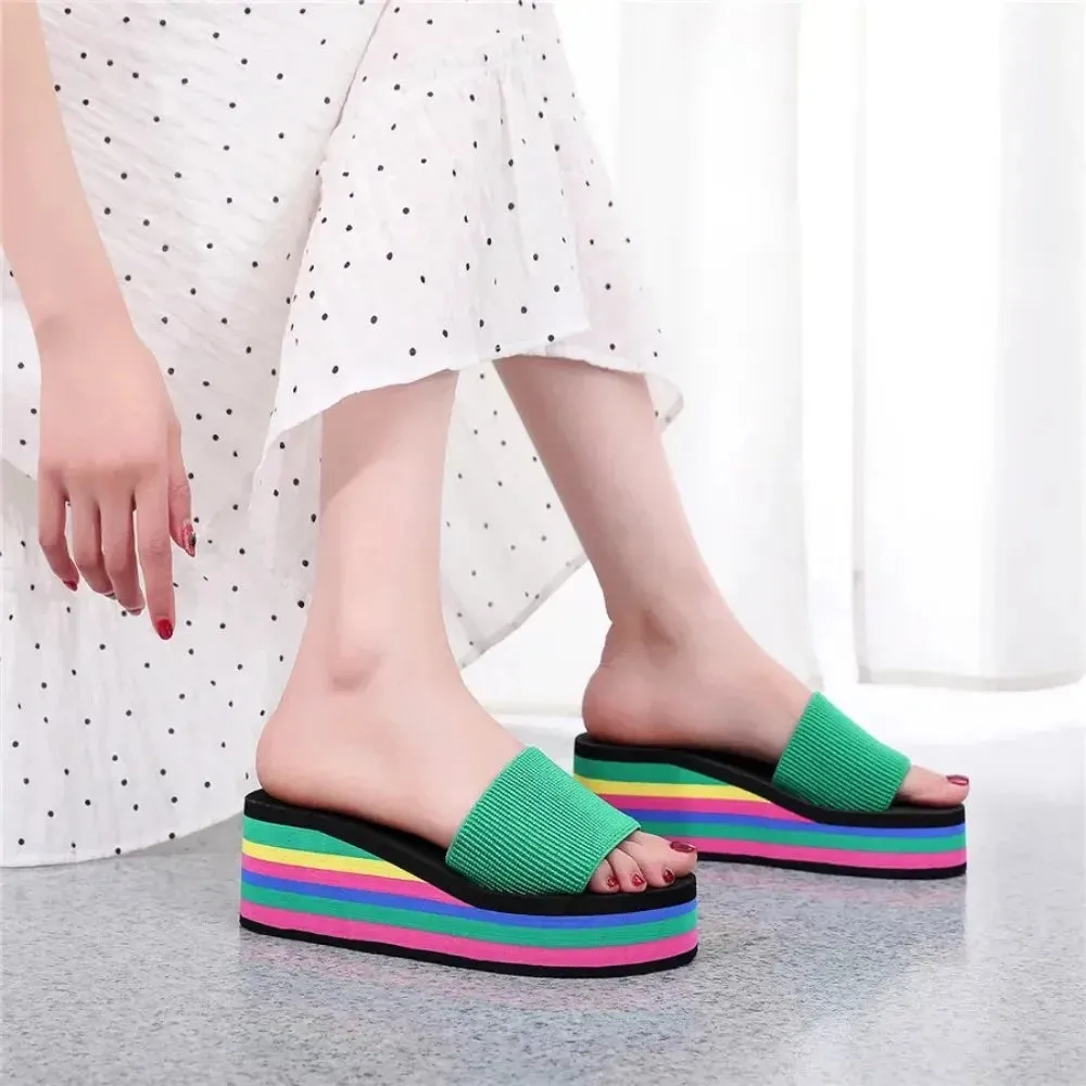 Platform Slides Height Boosting Wedges Elevator Rainbow Thongs Beach Flip Flops