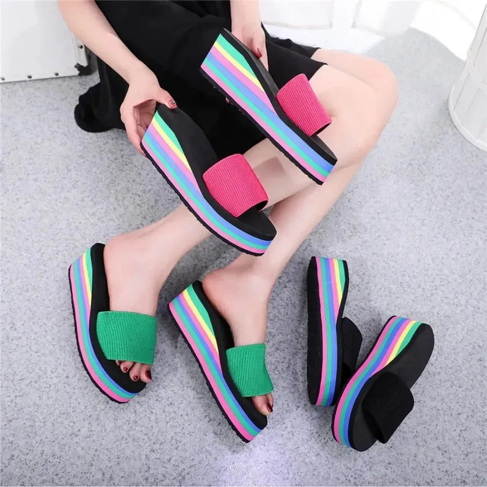 Platform Slides Height Boosting Wedges Elevator Rainbow Thongs Beach Flip Flops