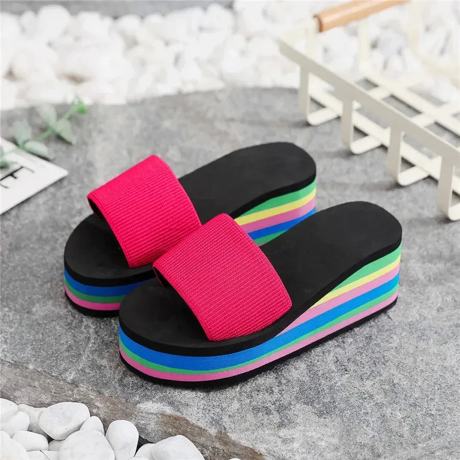 Platform Slides Height Boosting Wedges Elevator Rainbow Thongs Beach Flip Flops