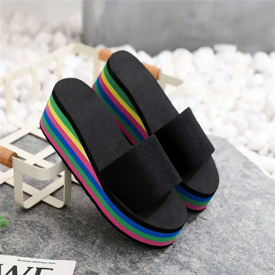 Platform Slides Height Boosting Wedges Elevator Rainbow Thongs Beach Flip Flops
