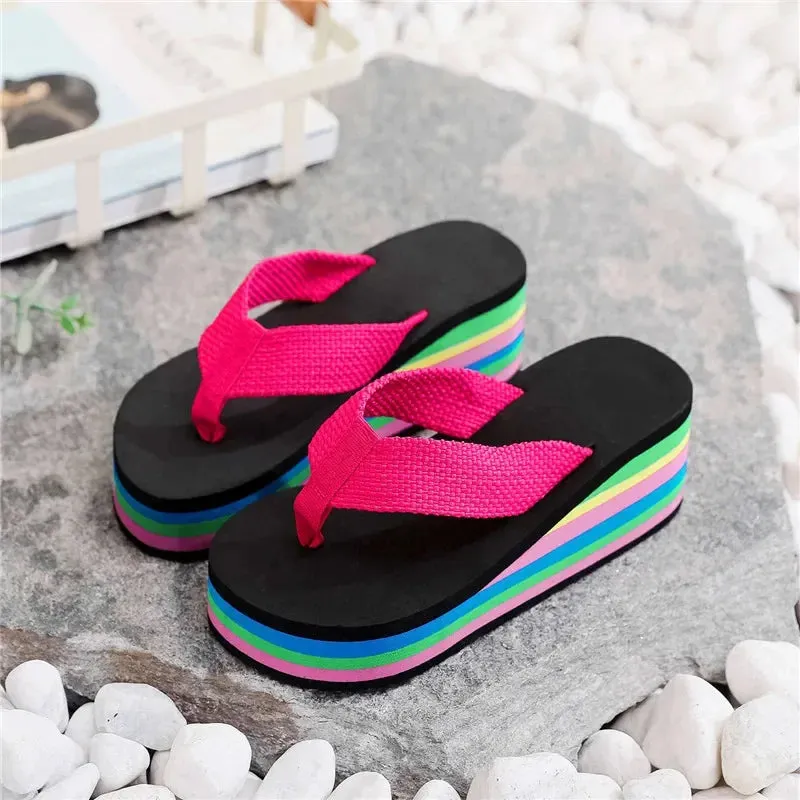 Platform Slides Height Boosting Wedges Elevator Rainbow Thongs Beach Flip Flops