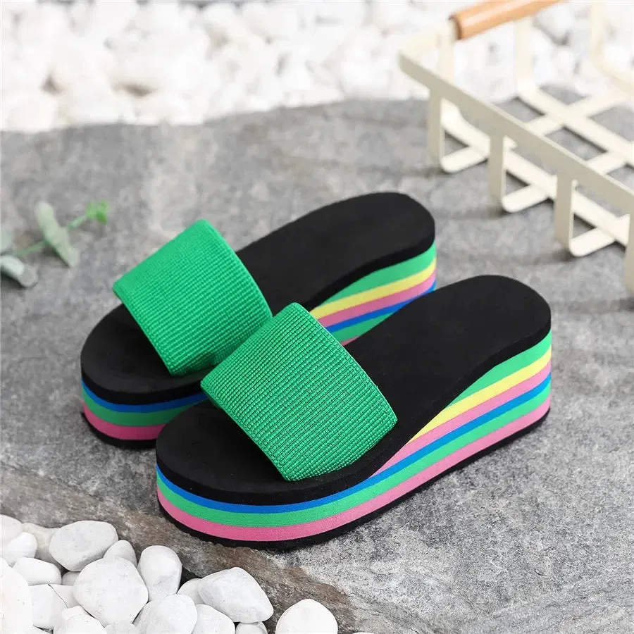 Platform Slides Height Boosting Wedges Elevator Rainbow Thongs Beach Flip Flops
