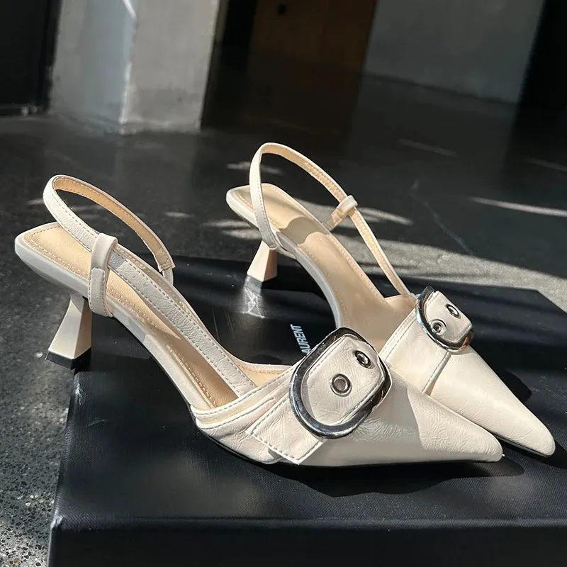 Pointed Toe Sling back Heels – Women's Metal Buckle Dress Shoes