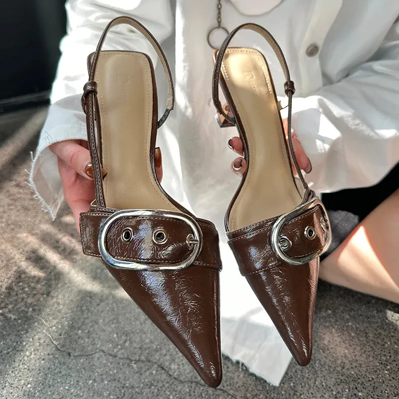 Pointed Toe Sling back Heels – Women's Metal Buckle Dress Shoes
