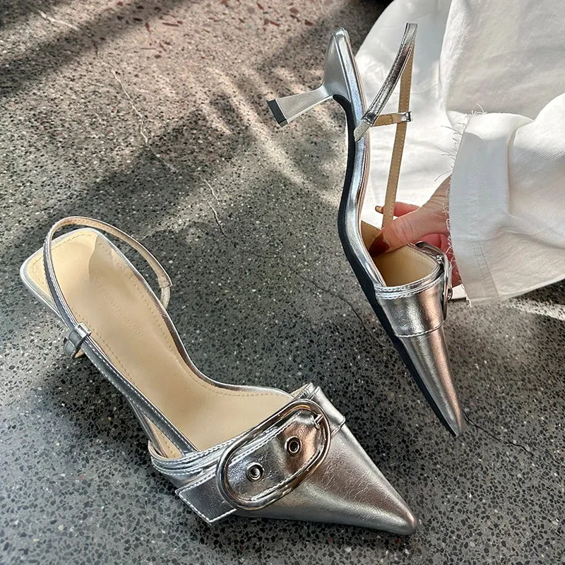 Pointed Toe Sling back Heels – Women's Metal Buckle Dress Shoes