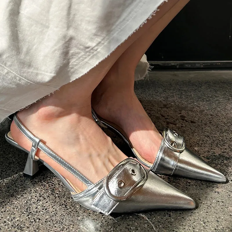 Pointed Toe Sling back Heels – Women's Metal Buckle Dress Shoes