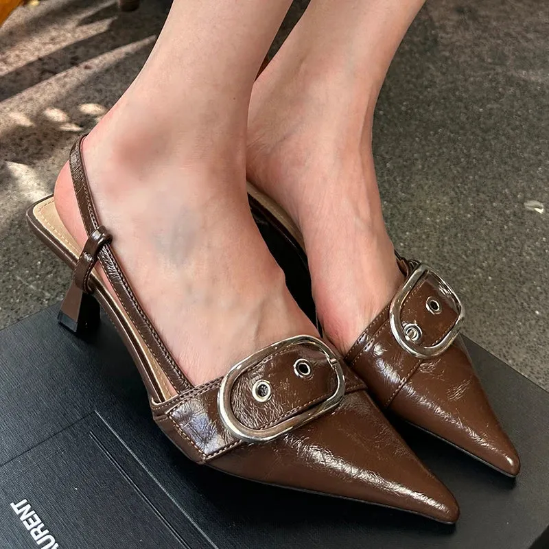 Pointed Toe Sling back Heels – Women's Metal Buckle Dress Shoes