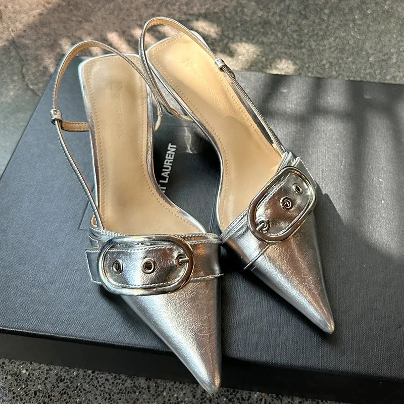 Pointed Toe Sling back Heels – Women's Metal Buckle Dress Shoes