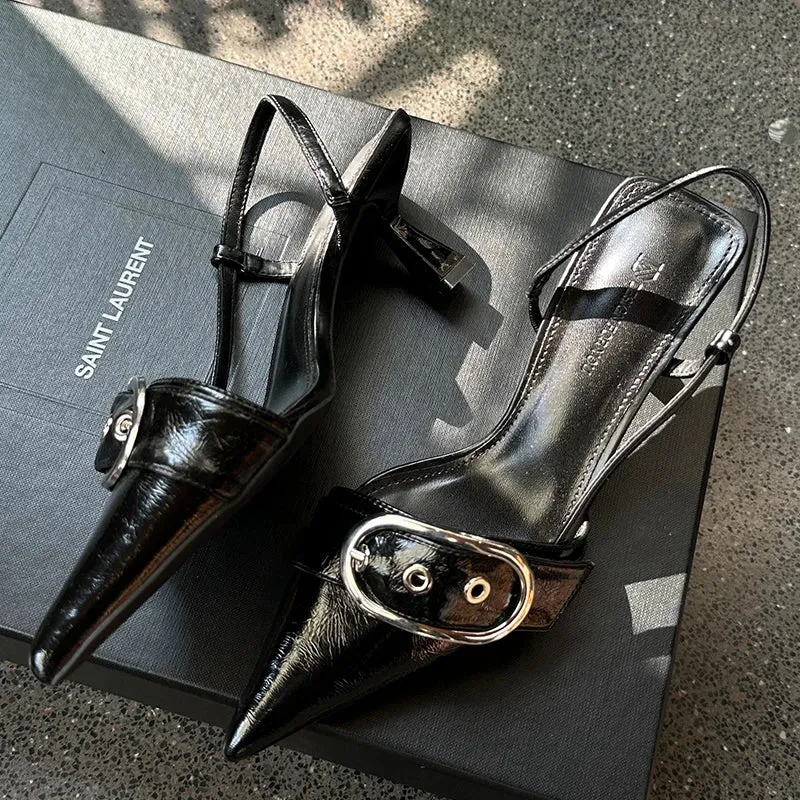 Pointed Toe Sling back Heels – Women's Metal Buckle Dress Shoes