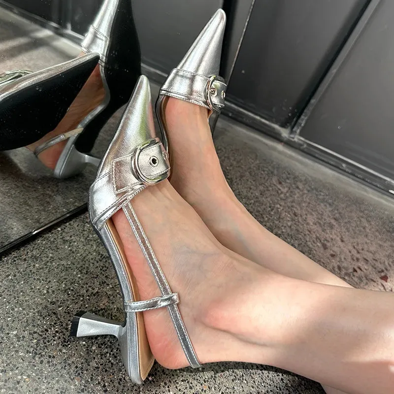Pointed Toe Sling back Heels – Women's Metal Buckle Dress Shoes
