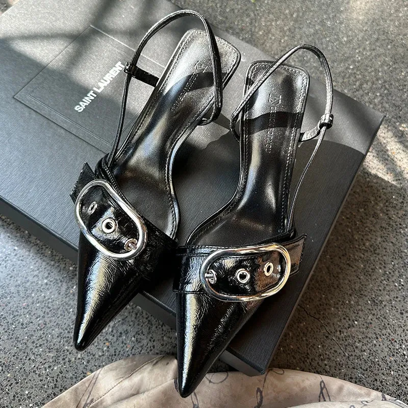 Pointed Toe Sling back Heels – Women's Metal Buckle Dress Shoes