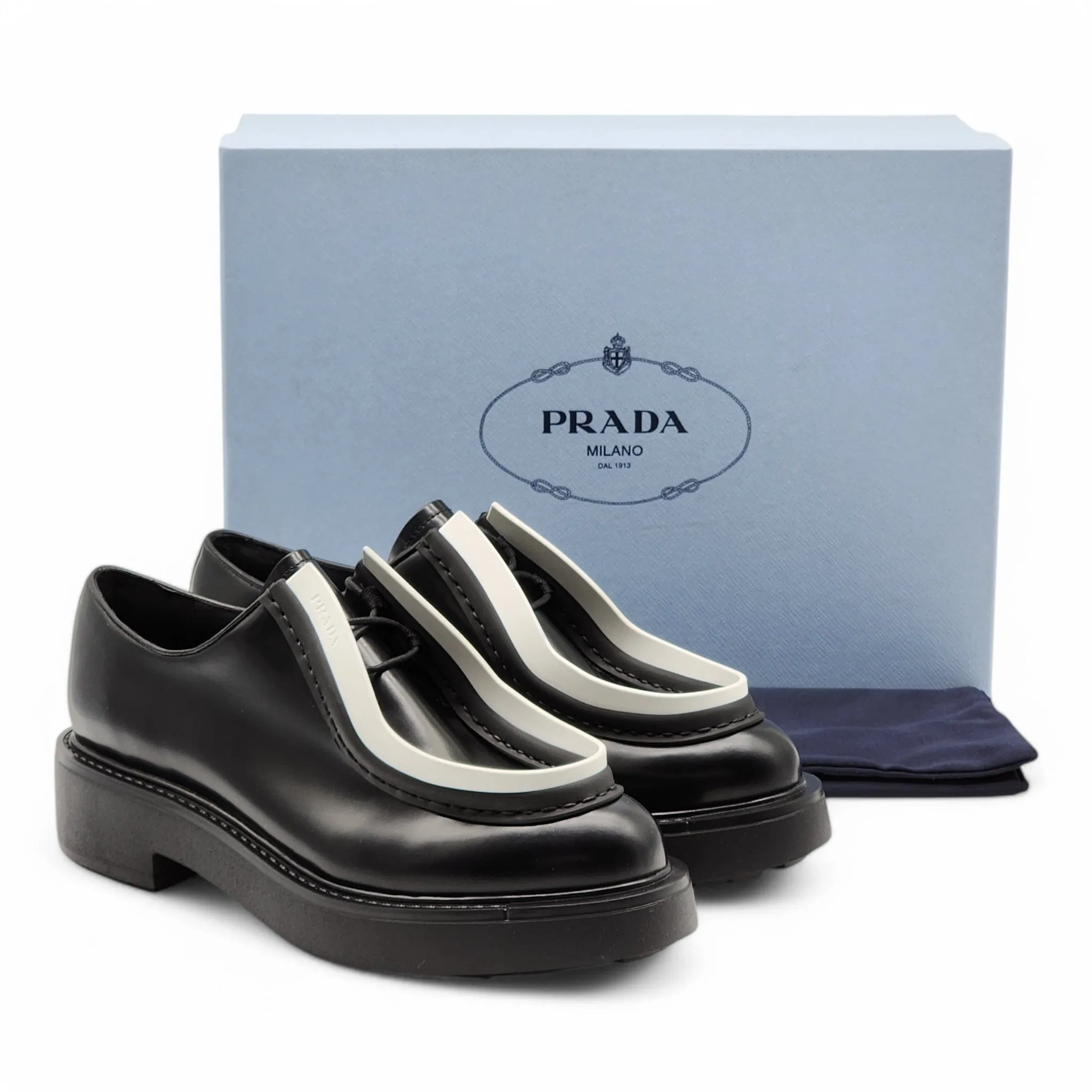 Prada Diapason Opaque Derby Shoes - Brushed Leather - Black 41