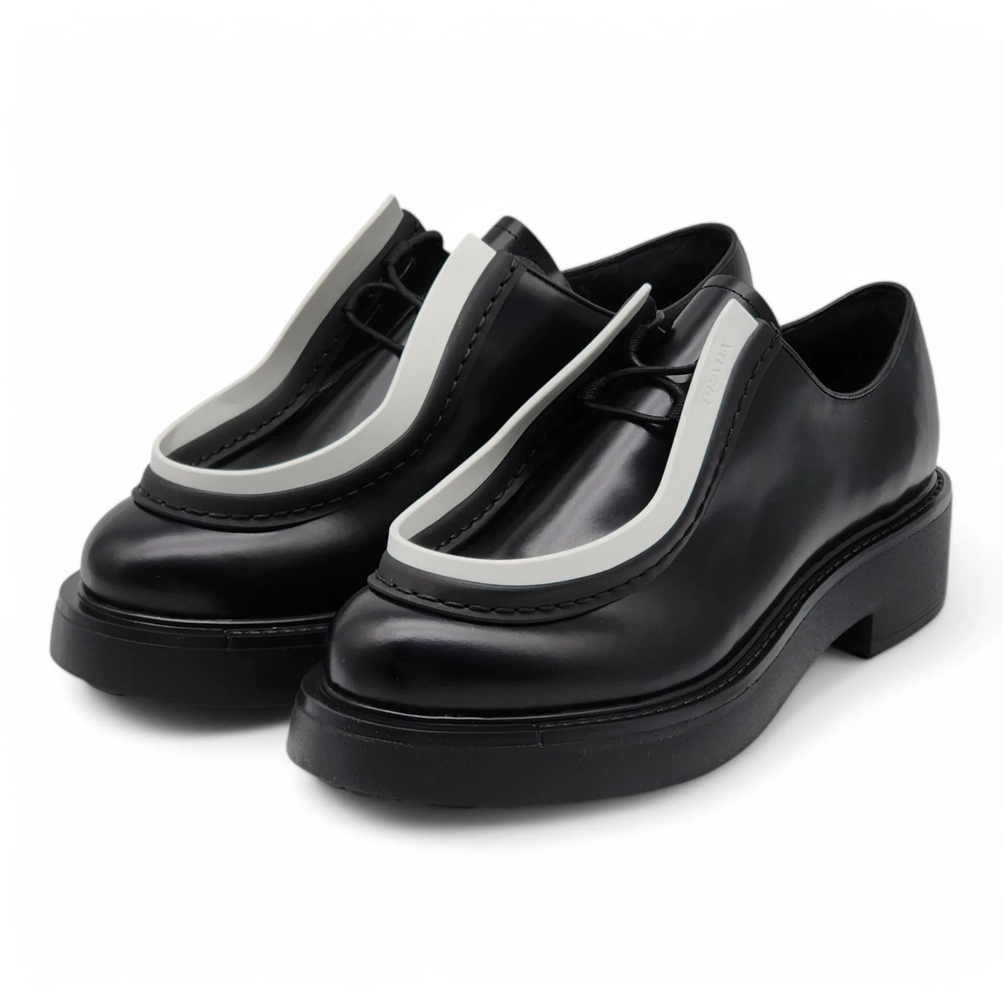 Prada Diapason Opaque Derby Shoes - Brushed Leather - Black 41