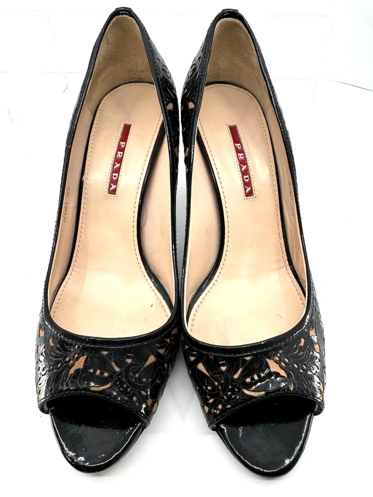 PRADA FLORAL LASER CUT PEEP TOE PUMPS
