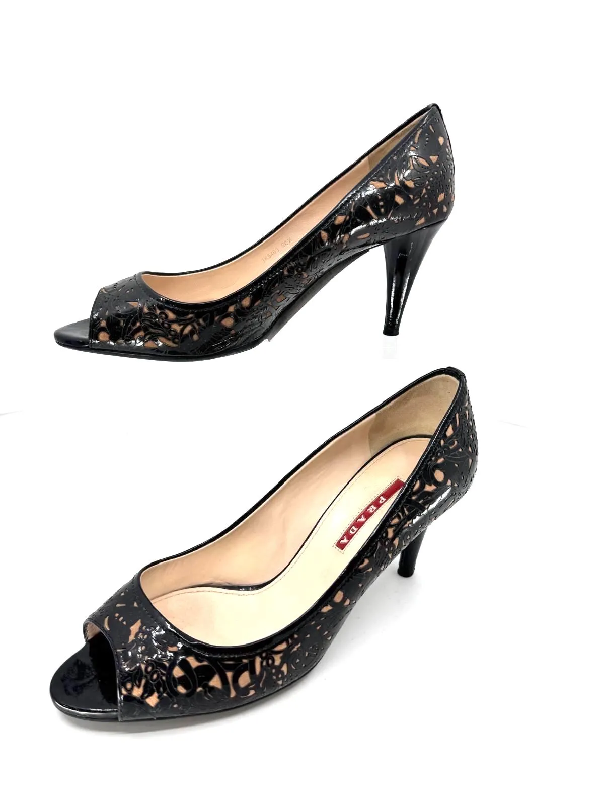 PRADA FLORAL LASER CUT PEEP TOE PUMPS