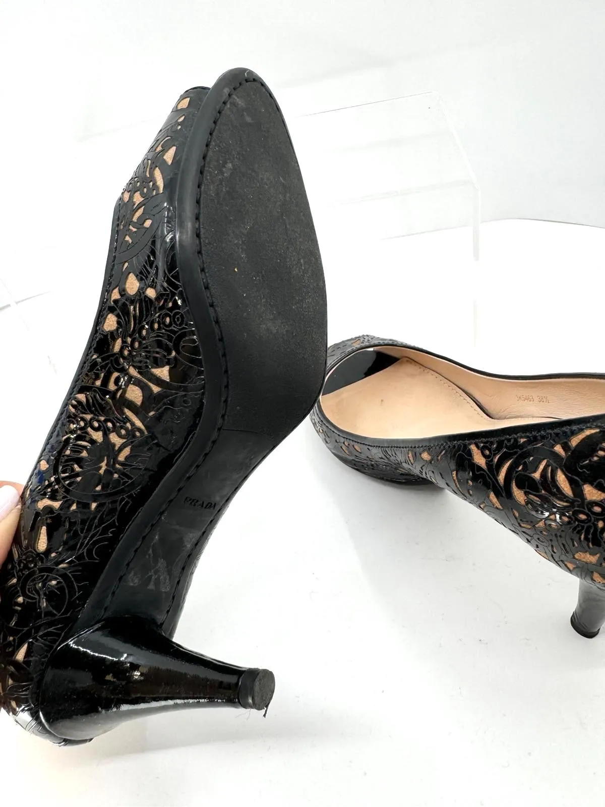 PRADA FLORAL LASER CUT PEEP TOE PUMPS