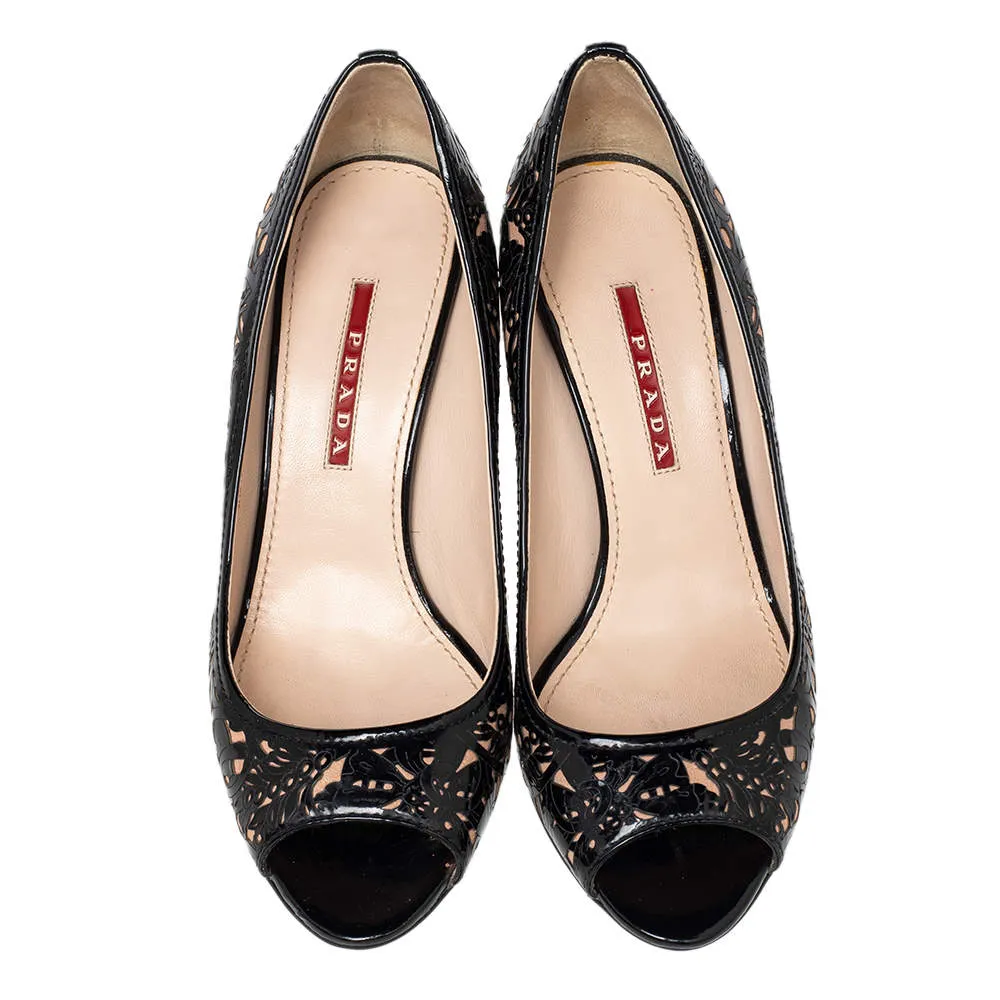 PRADA FLORAL LASER CUT PEEP TOE PUMPS