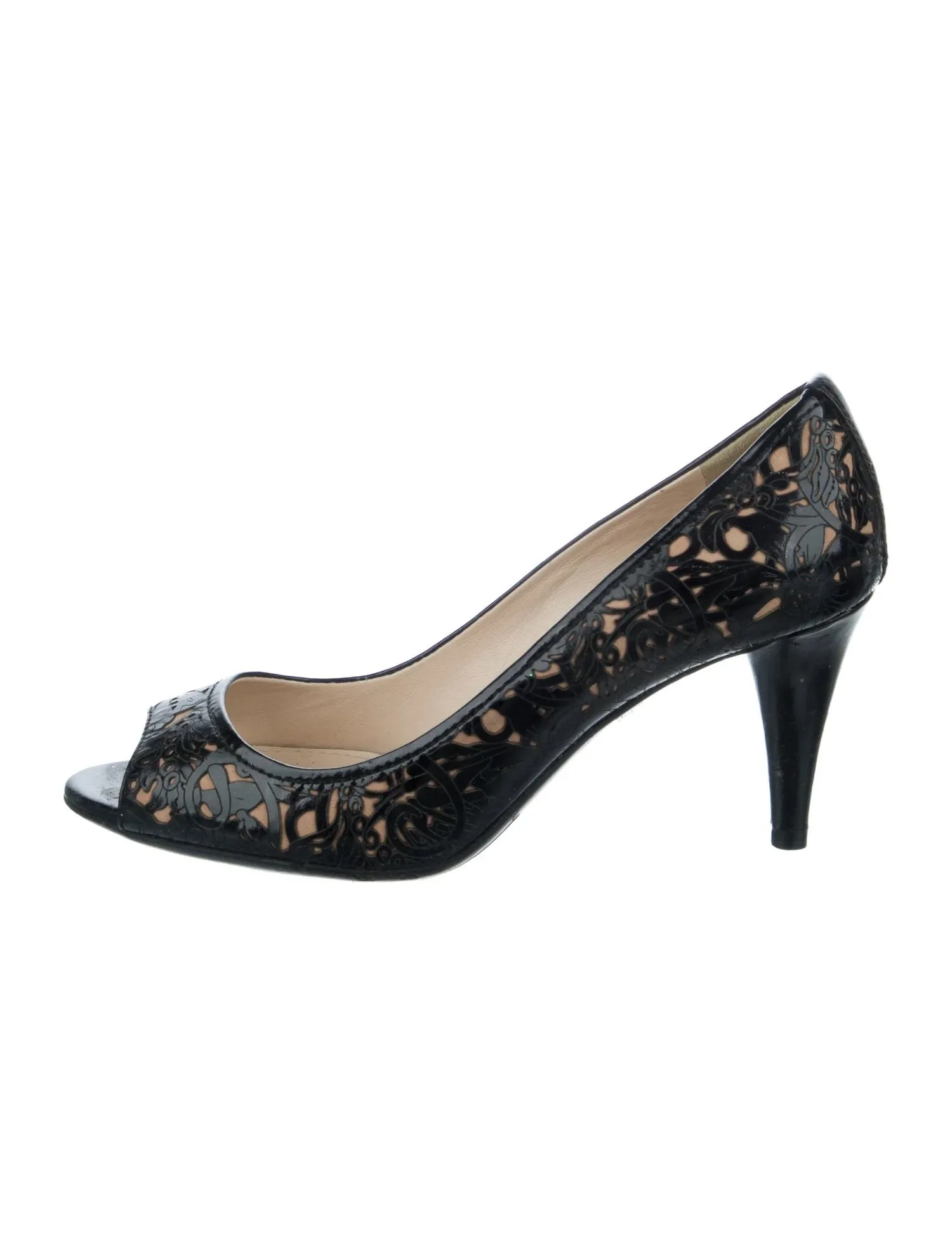 PRADA FLORAL LASER CUT PEEP TOE PUMPS