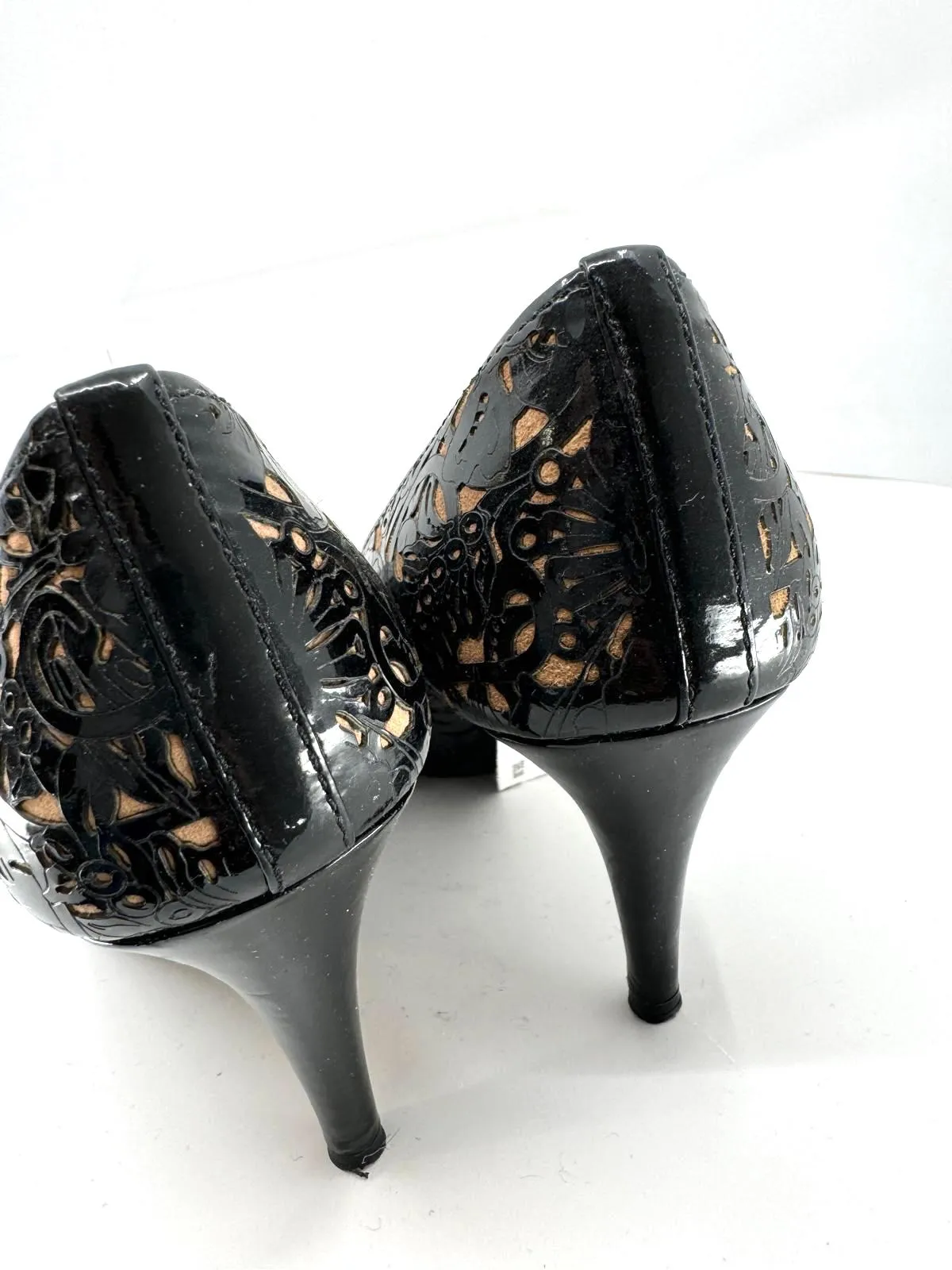 PRADA FLORAL LASER CUT PEEP TOE PUMPS