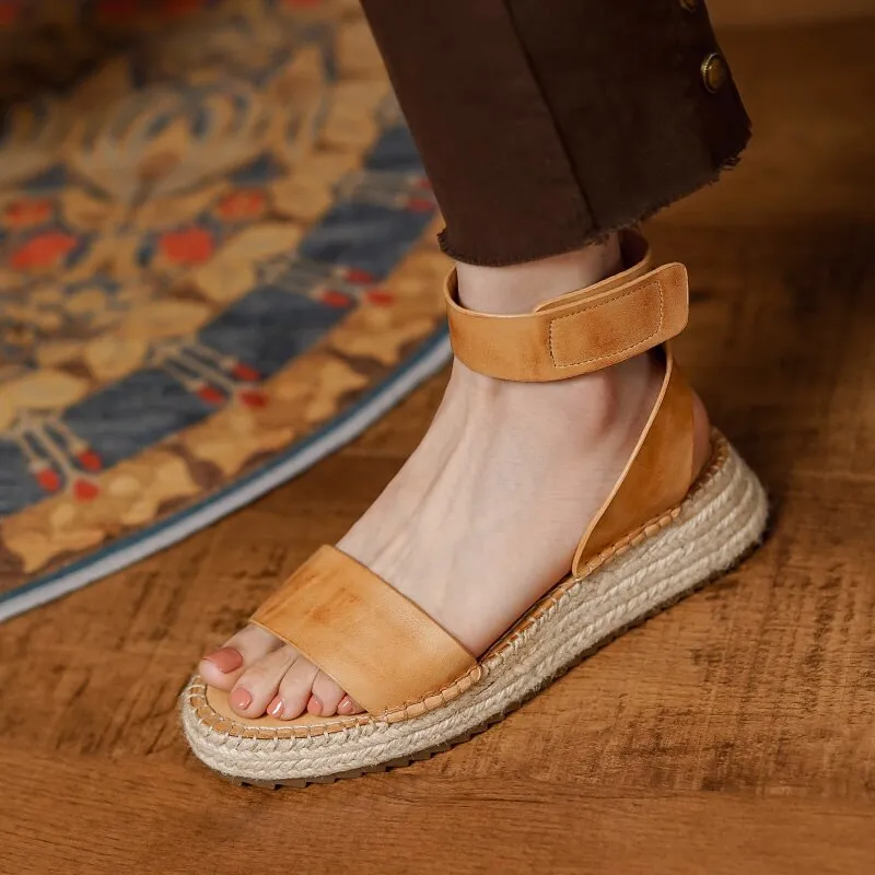 Purpdrank - Women's Genuine Leather Footwear Retro All-match Roman Summer Sandals Women Beach Casual New Flats Chunky Oxford Shoes