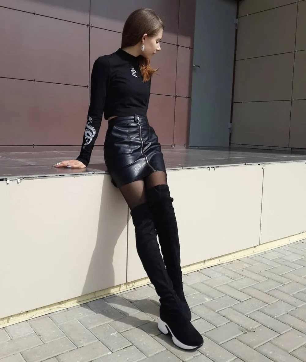 QUTAA Stretch Fabrics Over The Knee Boots Height Increasing Round Toe