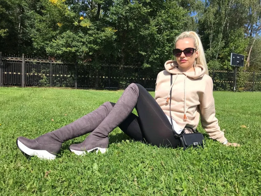 QUTAA Stretch Fabrics Over The Knee Boots Height Increasing Round Toe