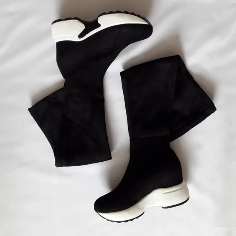 QUTAA Stretch Fabrics Over The Knee Boots Height Increasing Round Toe