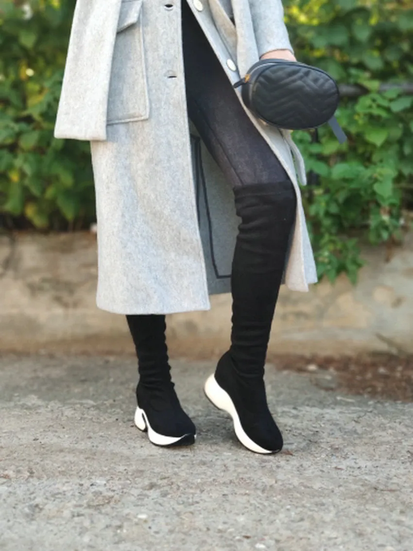 QUTAA Stretch Fabrics Over The Knee Boots Height Increasing Round Toe