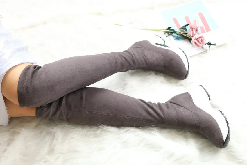 QUTAA Stretch Fabrics Over The Knee Boots Height Increasing Round Toe