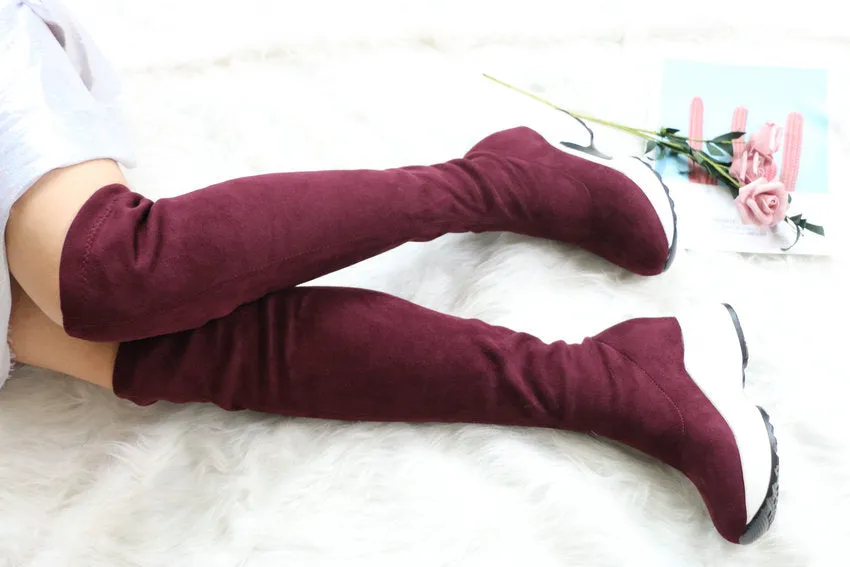 QUTAA Stretch Fabrics Over The Knee Boots Height Increasing Round Toe