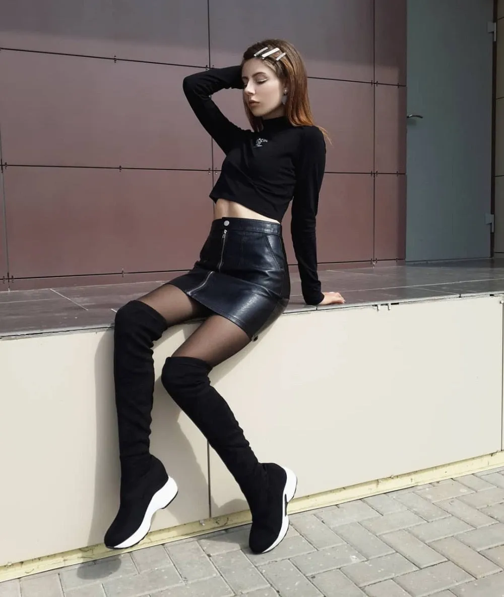 QUTAA Stretch Fabrics Over The Knee Boots Height Increasing Round Toe