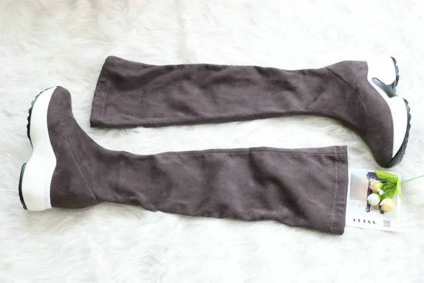 QUTAA Stretch Fabrics Over The Knee Boots Height Increasing Round Toe